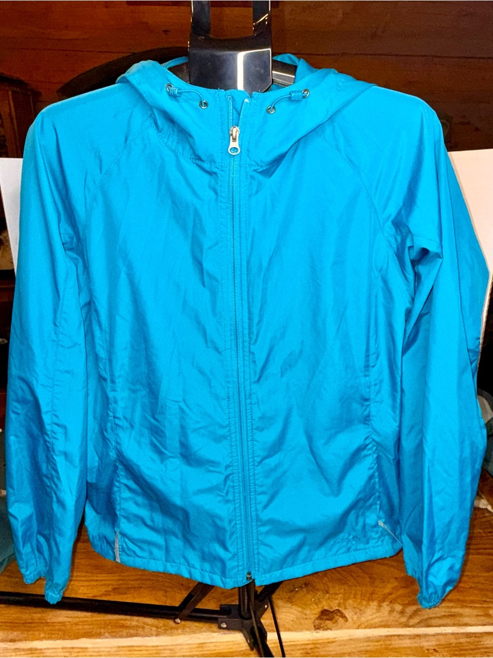 Eddie Bauer W Large Turq Blue Hooded Windbreaker Lightweight Packable RainJacket